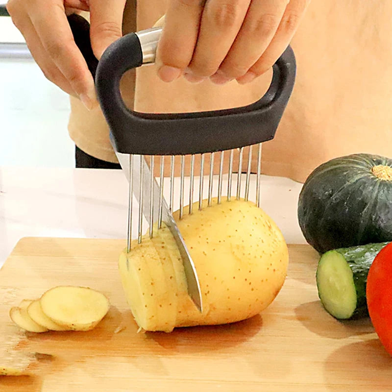Stainless Steel Vegetable & Onion Cutter Holder – Multi-Function Fruit & Potato Slicer Kitchen Tool