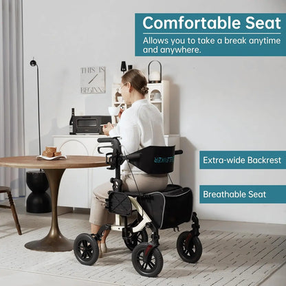All-Terrain 2-in-1 Rollator & Transport Chair — Folding Wheelchair with 10" Non-Pneumatic Wheels