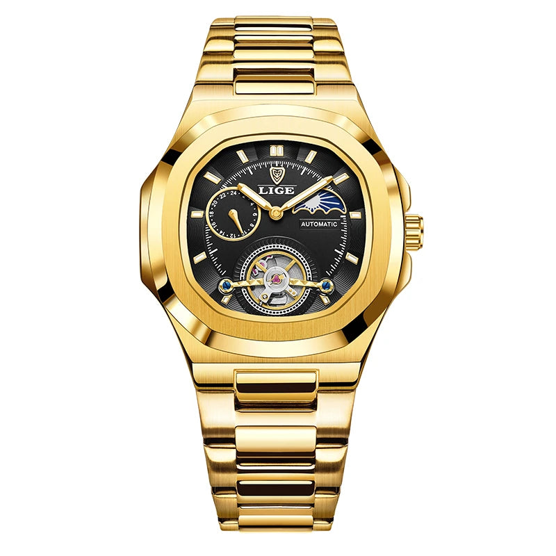 LIGE Dual Seconds Tourbillon Watch – Men's Stainless Steel Mechanical Timepiece, 24H, Night Glow, Waterproof