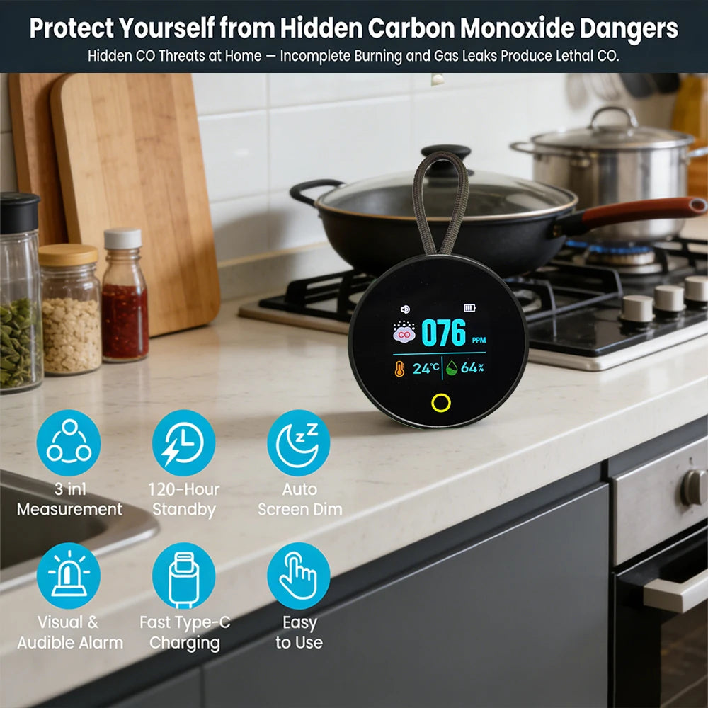 FMAi K5S 3-in-1 Carbon Monoxide Detector - Portable CO Monitor with Temperature & Humidity Sensor for Home, Car, RV & Travel