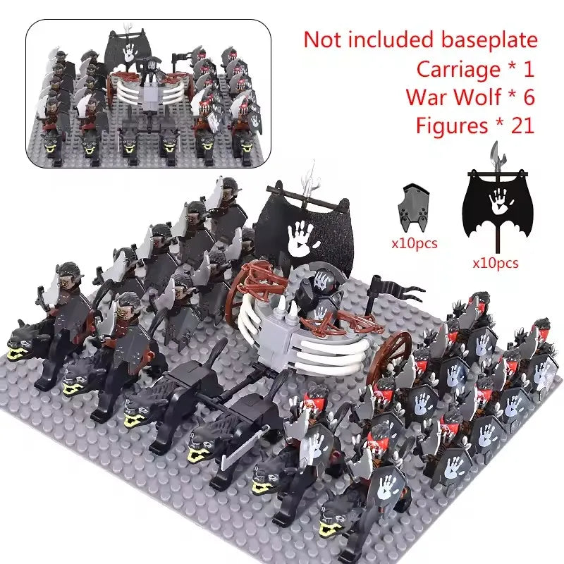 MOC Medieval LOTR Figures — Black Wolves & Mounted Chariots Action Dolls, Assembled Brick Building Blocks Toy