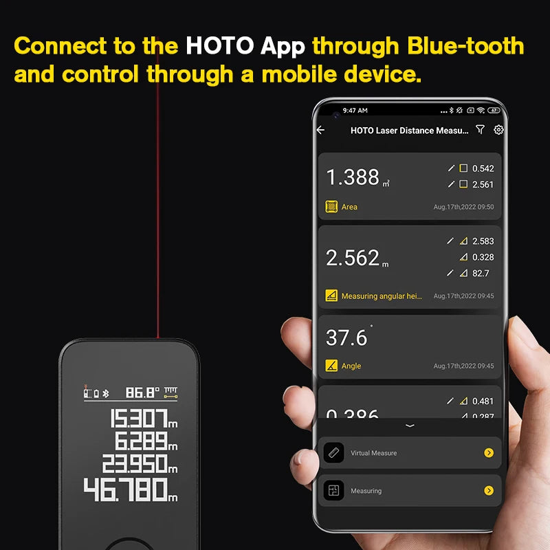 HOTO Smart Laser Measure Pro – LED Display Digital Laser Tape, Rechargeable Rangefinder & Intelligent Measuring Tool