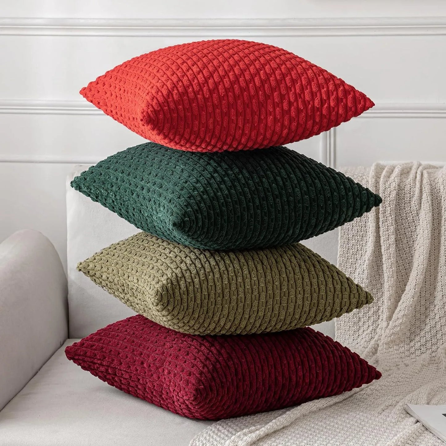 Dark Green Throw Pillow Covers – 16x16 Inch Soft Corduroy Decorative Cushion for Bed, Sofa & Living Room, Boho Home Decor