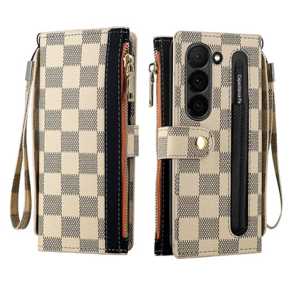 Leather Card Wallet Case with S Pen Slot for Samsung Galaxy Z Fold 6/5/4/3/2 — Multifunctional Zipper Protection Cover