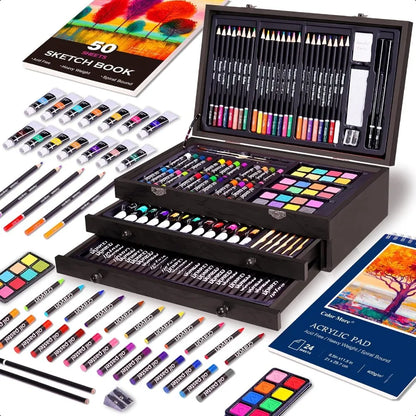 175-Piece Deluxe Art Set – Professional Wooden Case Kit with Drawing Pads, Acrylic Paints, Crayons & Colored Pencils