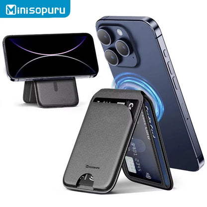 Minisopuru Magnetic Wallet & Phone Stand – Lightweight MagSafe Leather Card Holder for iPhone 12, 14, 15, 16