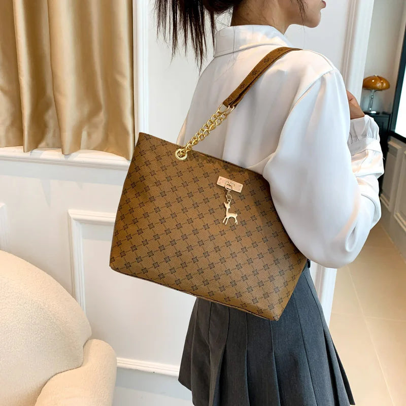 Women’s Soft Leather Tote Bag - Large Capacity Shoulder Handbag with Hanging Accessories