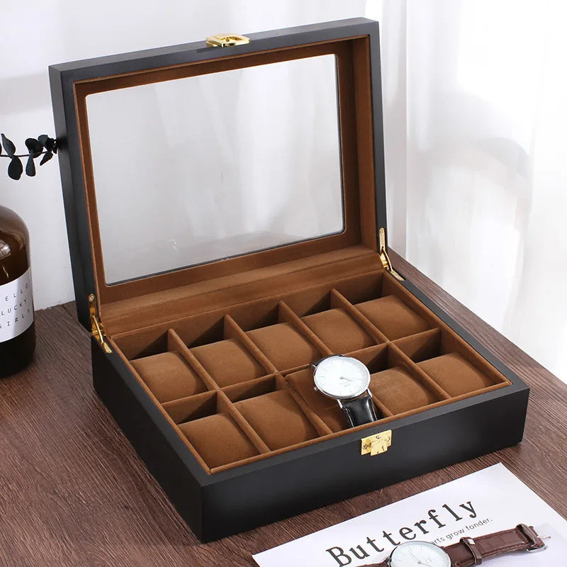 Handmade Wood Watch Box — 6/10/12 Grid Display Case & Jewelry Holder, Organizer for Watches Storage