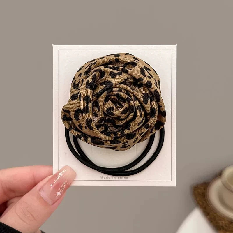 Leopard Rose Hair Ties - 1/2-Piece Elastic Floral Ponytail Accessories
