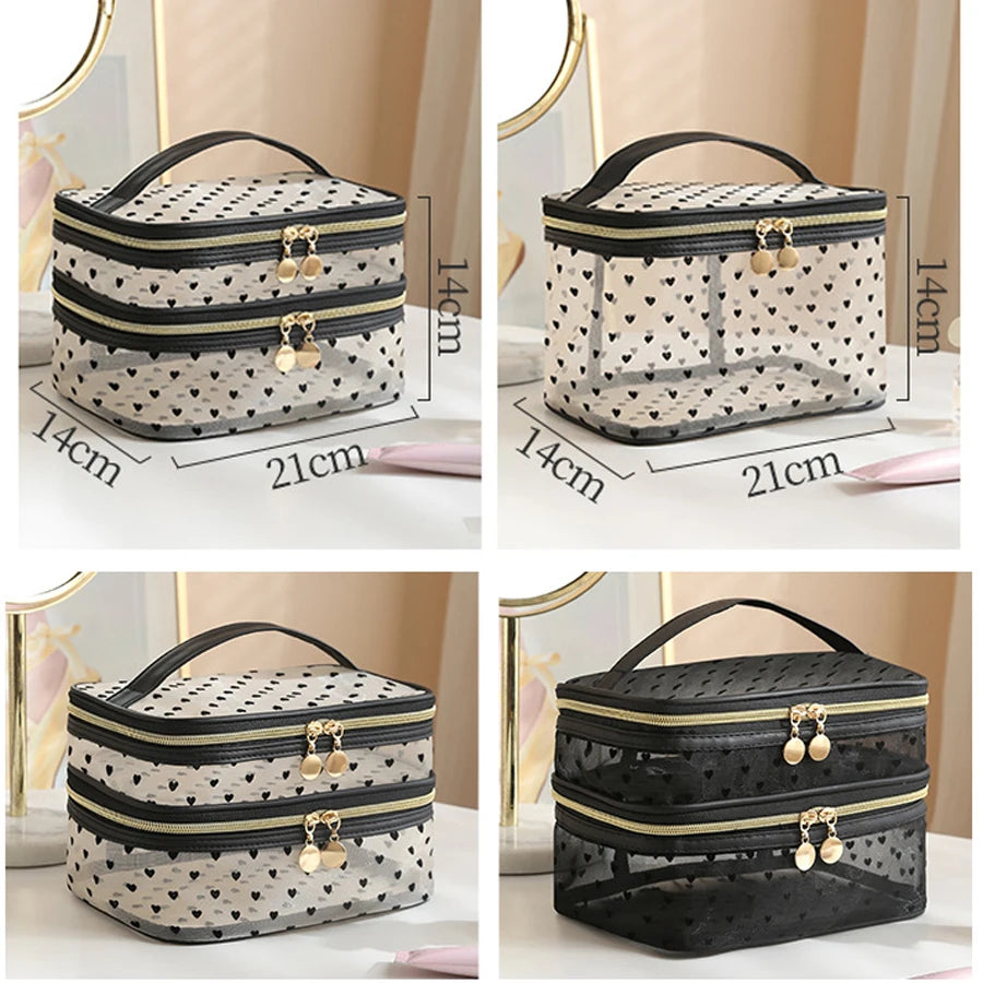 Double-Layer Black Mesh Cosmetic Bag – Large Capacity Travel Makeup Case Organizer with Zipper Toiletry Pouch