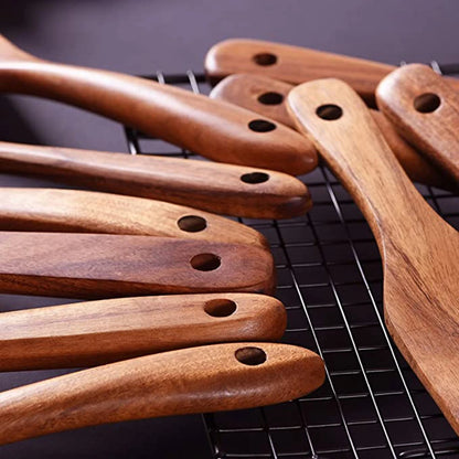 1–10PCS Teak Wooden Cooking Spoons – Smooth Non-Stick Wooden Utensils Set for Kitchen Cooking