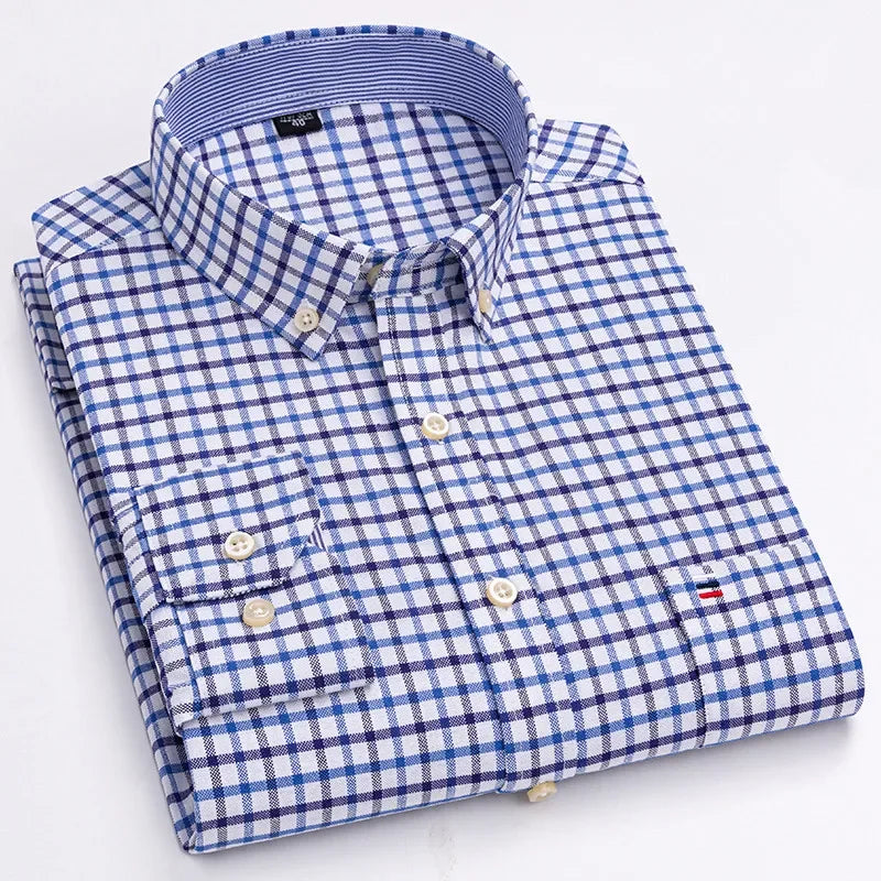 Men’s Cotton Oxford Shirt - Smart Casual Long Sleeve Plaid Print Dress Shirt, Regular Fit up to 6XL