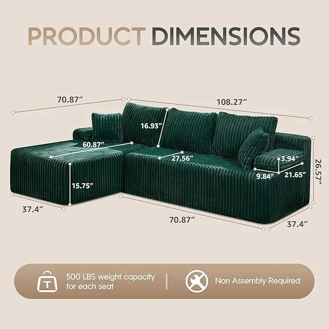 Modular L-Shaped 3-Seat Sectional Sofa — Memory Foam, Deep Seating & Storage