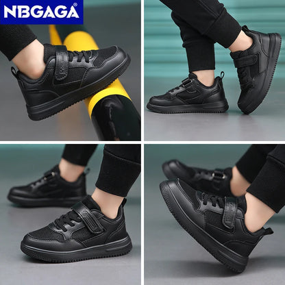 Kids' Black Leather Sneakers – Non-Slip Casual Walking & Tennis Shoes for Boys and Girls