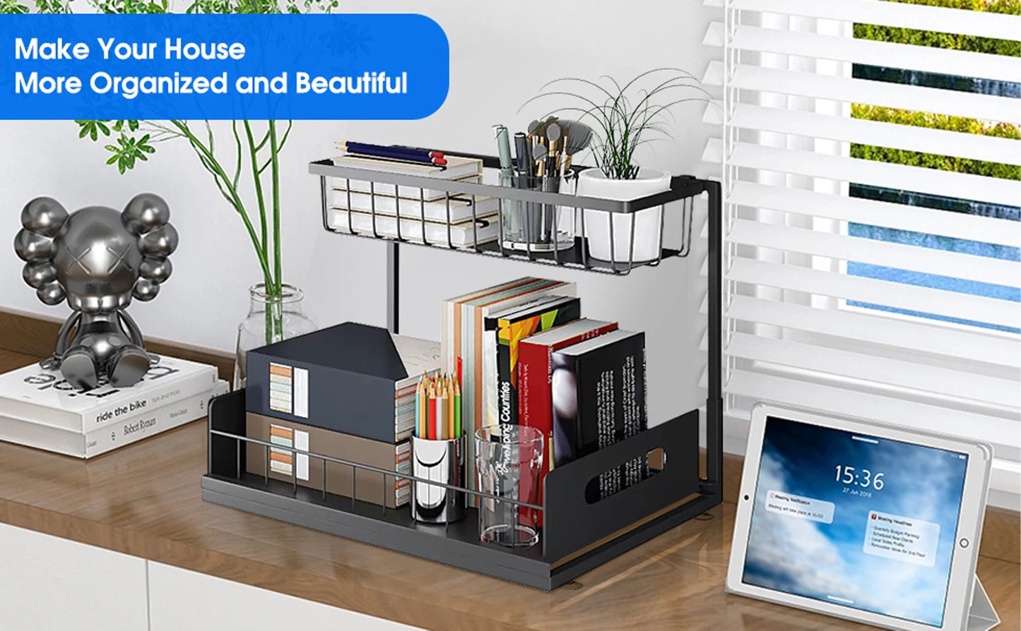 Under Sink 2-Tier Sliding Cabinet Organizer — Pull-Out Basket Drawer for Bathroom & Kitchen Storage
