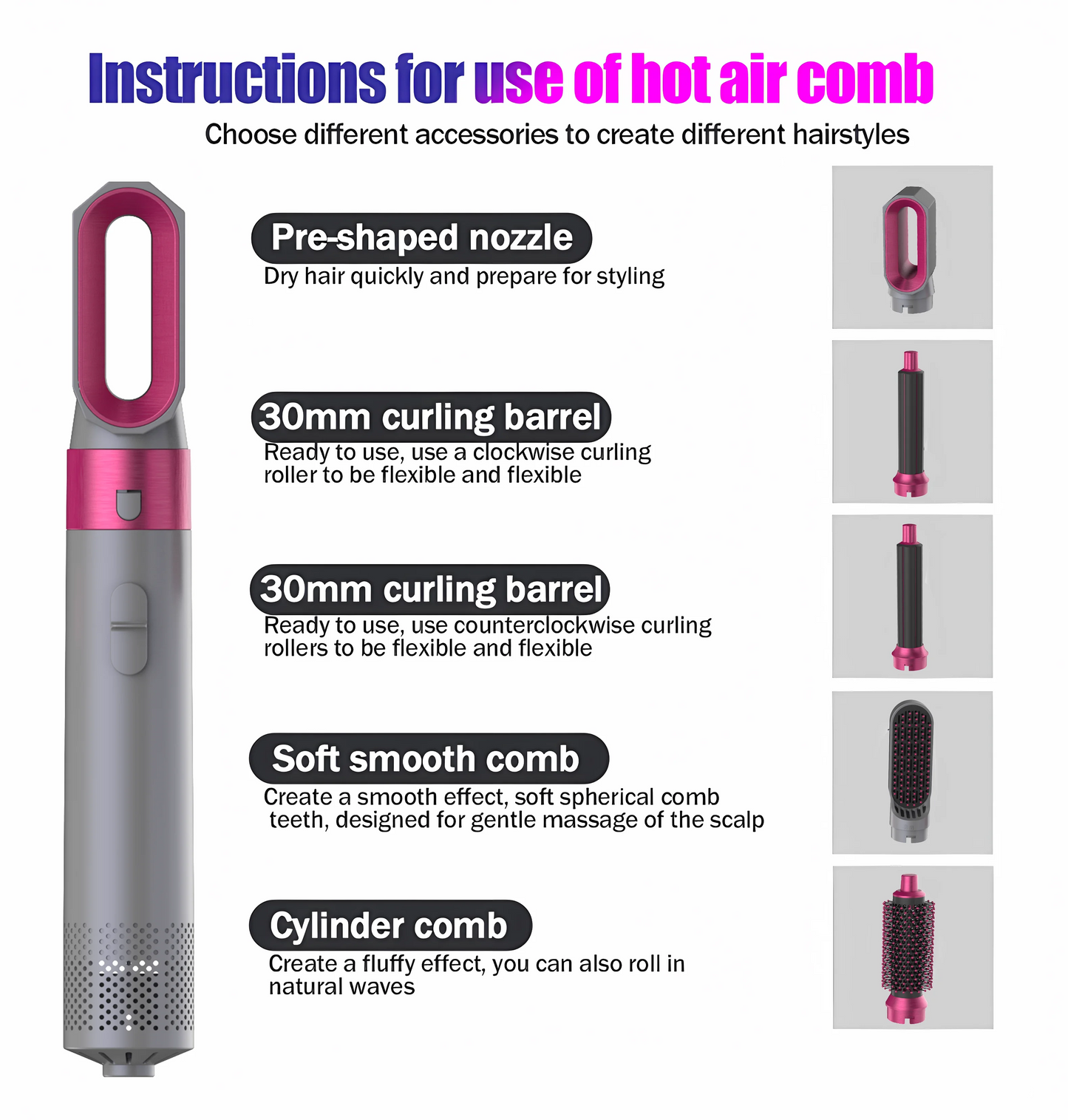 Professional 5-in-1 Air Hair Styler – Low Noise Hair Curling, Straightening & Drying with 1000W Hot Air Brushes