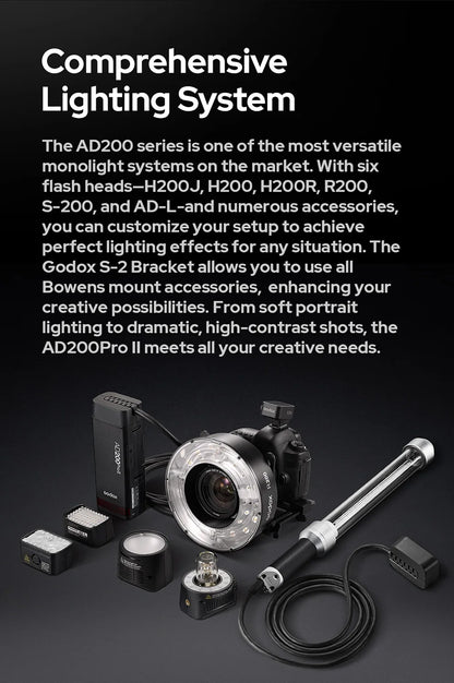 Godox AD200Pro II TTL Wireless Camera Pocket Flash – 2.4G, Compatible with X1T for Nikon, Canon, Sony, Fuji, Olympus