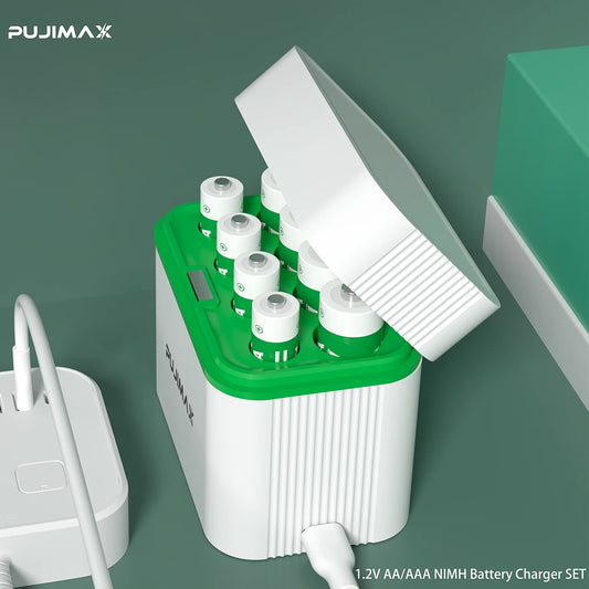 PUJIMAX LED Display 8-Slot Battery Charger – AA/AAA NiMH/NiCd 1.2V Rechargeable Battery Charger with Indicator
