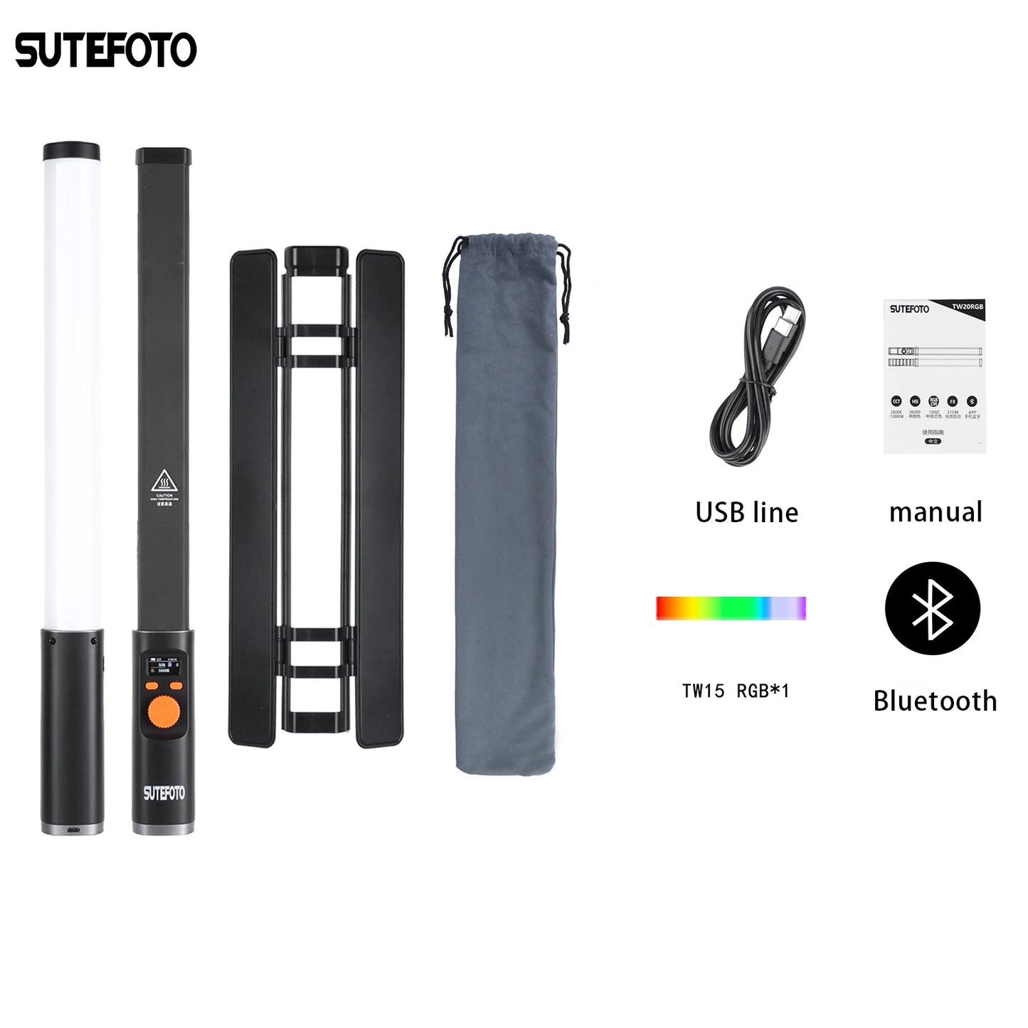SuteFoto TW20 Handheld RGB LED Light Wand CRI95+ 2800K-10000K Adjustable Color Photography Studio Video Stick Lamp