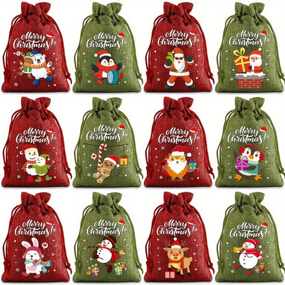 12PCS Christmas Drawstring Gift Bags – Linen Fabric Bags for Advent Calendar, Cookies & Candy Pouches