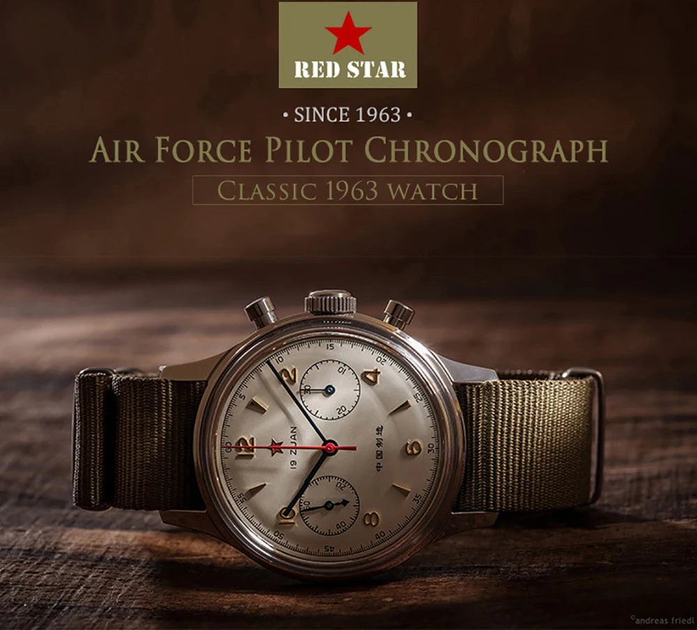 RED STAR 1963 Men's Chronograph Watch - 38mm Pilot Design with Seagull ST1901 Movement & Sapphire Glass