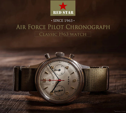RED STAR 1963 Men's Chronograph Watch - 38mm Pilot Design with Seagull ST1901 Movement & Sapphire Glass