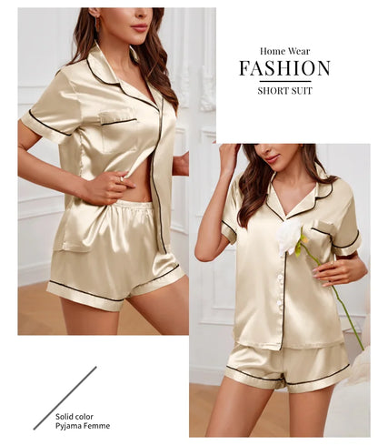 Women's Satin Pajamas Set – Summer Two-Piece Sleepwear with Button-Down Top and Shorts, Comfortable Nightwear Loungewear