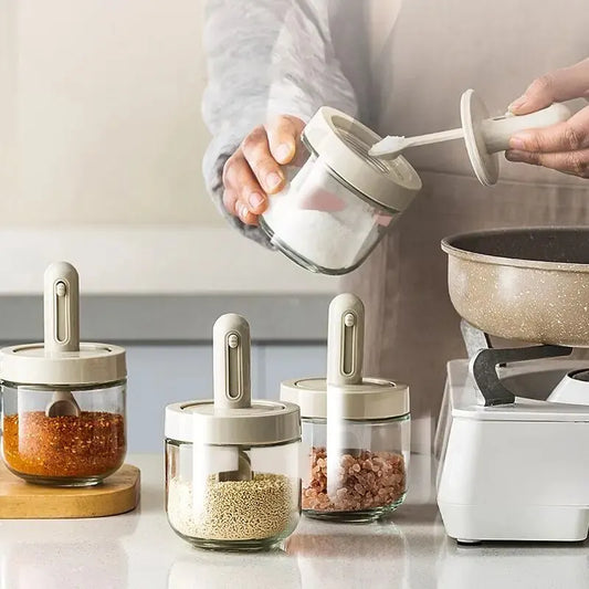 Glass Seasoning Bottle with Telescopic Spoon - Household Kitchen Salt Storage Box, Leak-proof and Moisture-proof