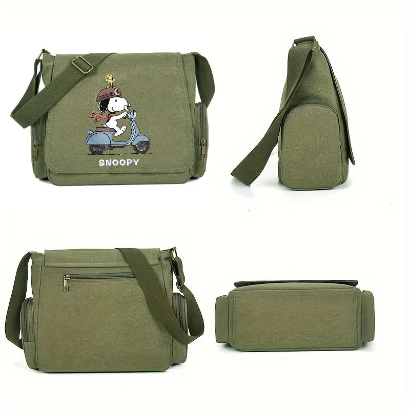 Snoopy Canvas Shoulder Bag – Large Multi-Pocket Cartoon Print Crossbody Messenger Bag for Women & Travel