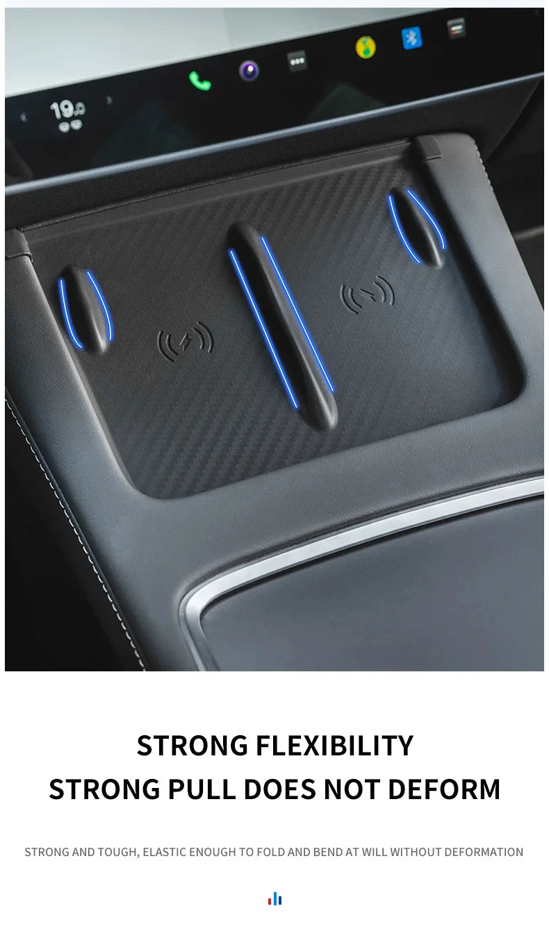 Tesla Model 3/Y Wireless Charging Pad – Silicone Carbon Fiber Central Control Charger Protector, Non-Slip Mat Accessory
