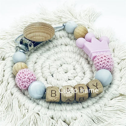 DIY Custom Name Silicone Beads & Wooden Ring Pacifier Clip – Safe Baby Teether, Eco-Friendly Dummy Chain Gift