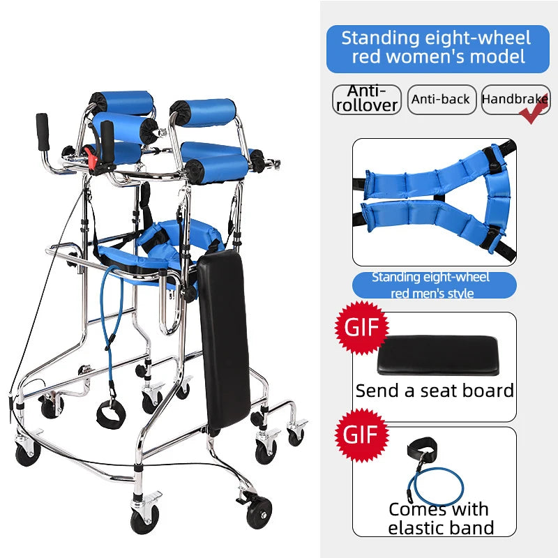 Upright Rollator Walker – 8-Wheel Anti-Tilt Stand-Up Walker with Seat, Hemiplegia Mobility Support Frame