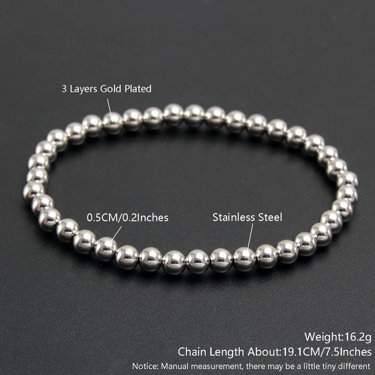 MHS.SUN Trendy Stainless Steel Stretch Bracelet — Gold & Silver Beaded 2mm/5mm/8mm for Men & Women