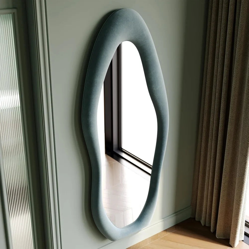 Full-Length Wall Mirror – 63"x24" Wavy Full Body Mirror with Flannel-Wrapped Wood Frame for Bedroom, Living Room & Cloakroom