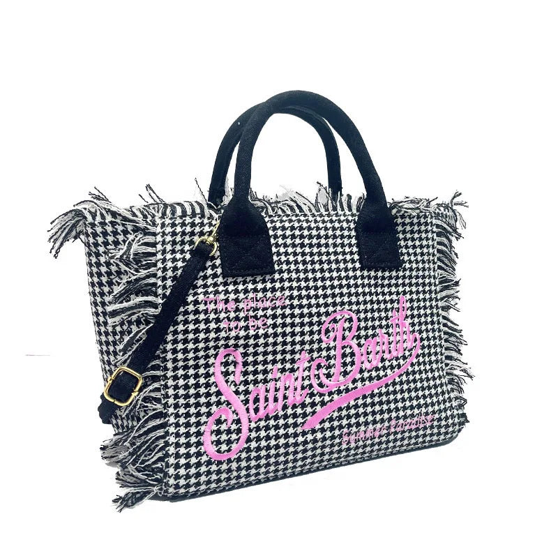 SAINT BARTH Houndstooth Crossbody Bag – Small Cotton Linen Handmade Tote with Tassels for Women