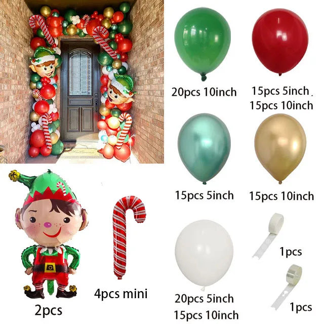 Christmas Balloon Garland Arch – Red & Green Balloons, Star, Santa, and Gift Box Foil Balloons for Xmas and New Year Decoration
