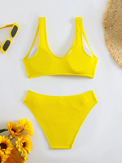 2025 Summer Women's Two-Piece Swimsuit – Solid High Waist V-Neck Backless Bikini Set Beachwear