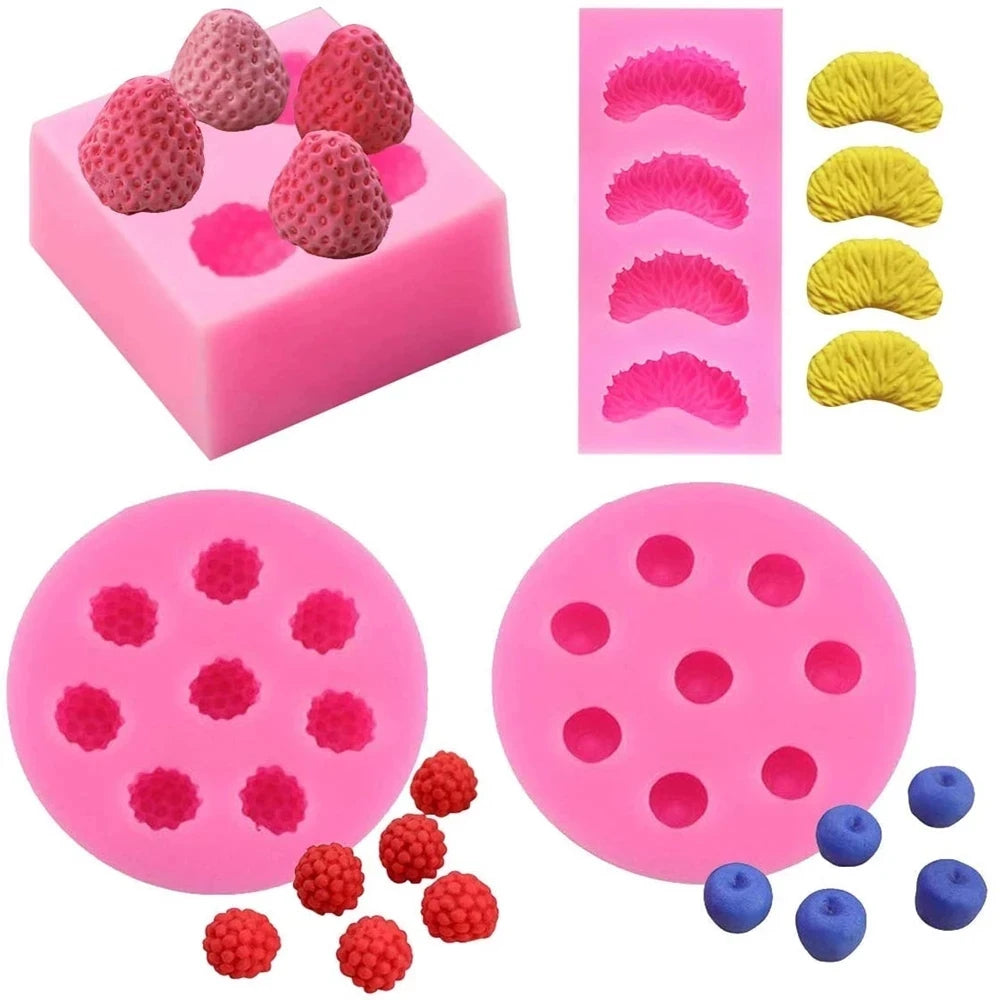 3D Mini Fruit Silicone Candle Mold — Strawberry, Raspberry, Blueberry, Tangerine & Mulberry for Soap, Fondant & Wax Melts
