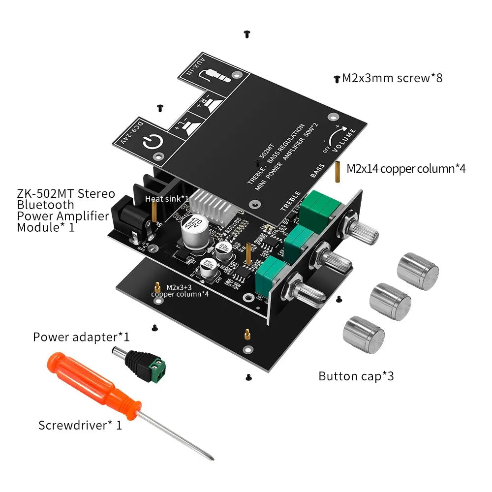 ZK-502MT Bluetooth 5.0 Stereo Subwoofer Amplifier Board | 2x50W High Power 2.0 Channel Bass AMP