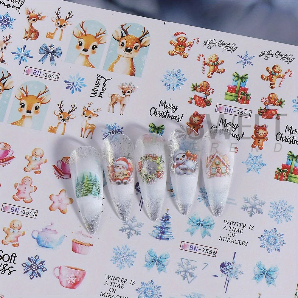 12 Christmas Nail Watermark Stickers – Gingerbread, Deer, Bow, Snowflake & Santa Designs