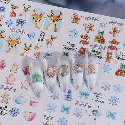 12 Christmas Nail Watermark Stickers – Gingerbread, Deer, Bow, Snowflake & Santa Designs