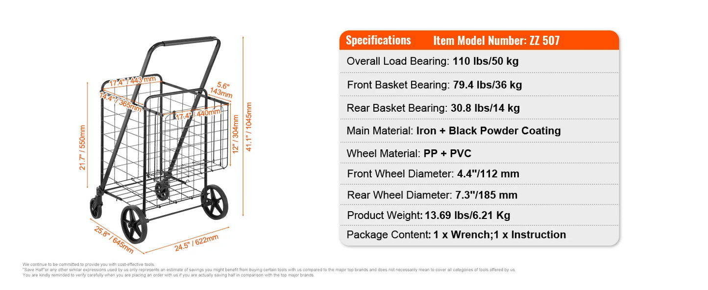 SucceBuy Folding Shopping Cart with Removable Waterproof Liner — Large Capacity 106/330LBS, 360° Swivel Wheels, Metal Mesh Base