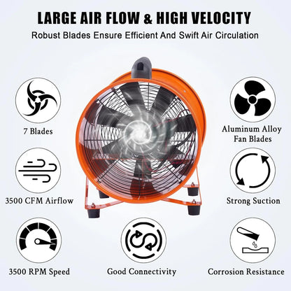 Portable Industrial Exhaust Fan - 3500 CFM Heavy-Duty Ventilation Blower with Flexible Duct for Workshop, Basement & Attic