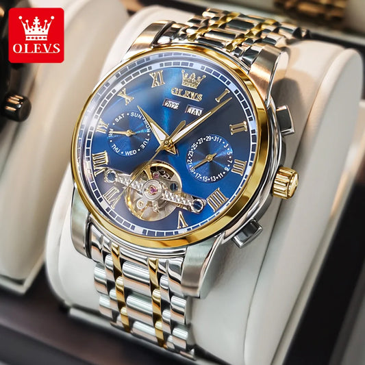 OLEVS Men's Automatic Mechanical Watch – Waterproof Stainless Steel Business Wristwatch with Skeleton Calendar