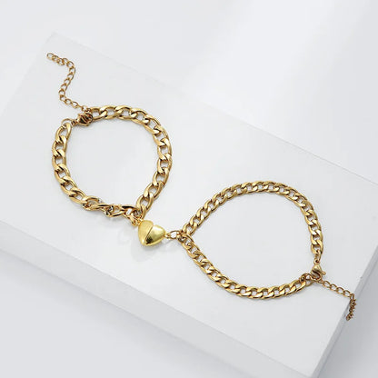 2-Piece Magnetic Couple Bracelet Set - Stainless Steel Heart Charm Cuban Chain Jewelry Gifts