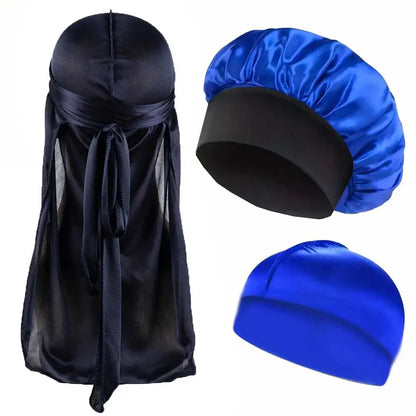3PCS Durag & Satin Bonnet Set - Solid Color Night Cap and Lightweight Dome Hat Hair Accessories