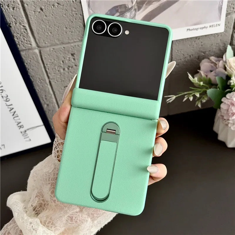 Samsung Galaxy Z Flip 8 Vegan Leather Case - Shockproof Stand Cover with Tempered Glass & Hinge Protection