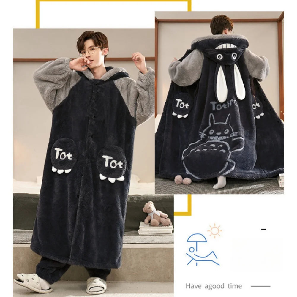 Gengar Pokemon Pajamas Set — Men’s Large Winter Coral Fleece Hooded Nightgown, Thick Warm Anime Home Suit