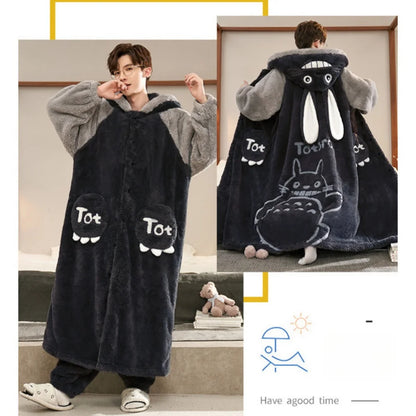Gengar Pokemon Pajamas Set — Men’s Large Winter Coral Fleece Hooded Nightgown, Thick Warm Anime Home Suit