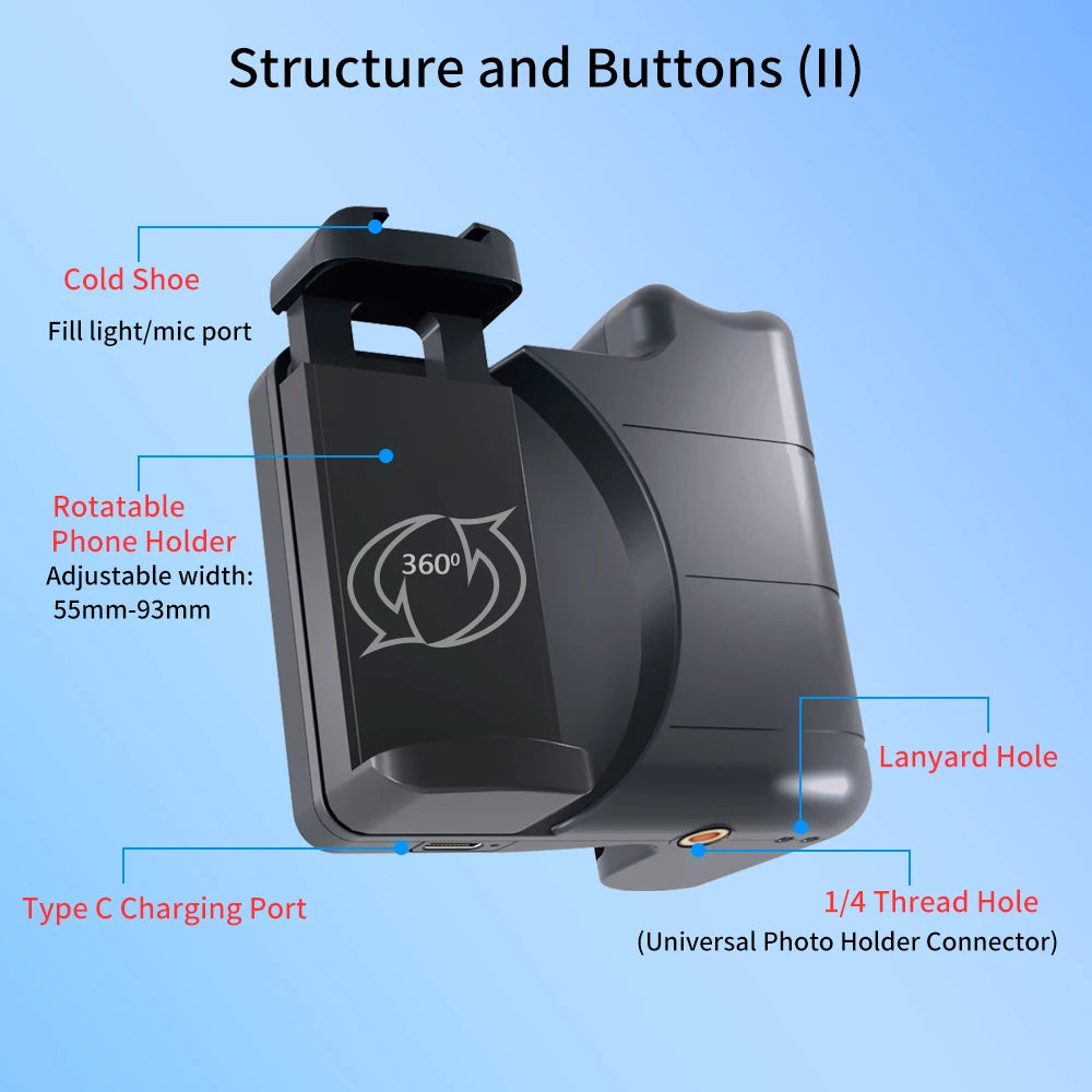BK-CH8 Stepless Zoom Phone Camera Grip with Bluetooth Remote Shutter for iPhone & Android Selfie Controller Handle Booster Grip